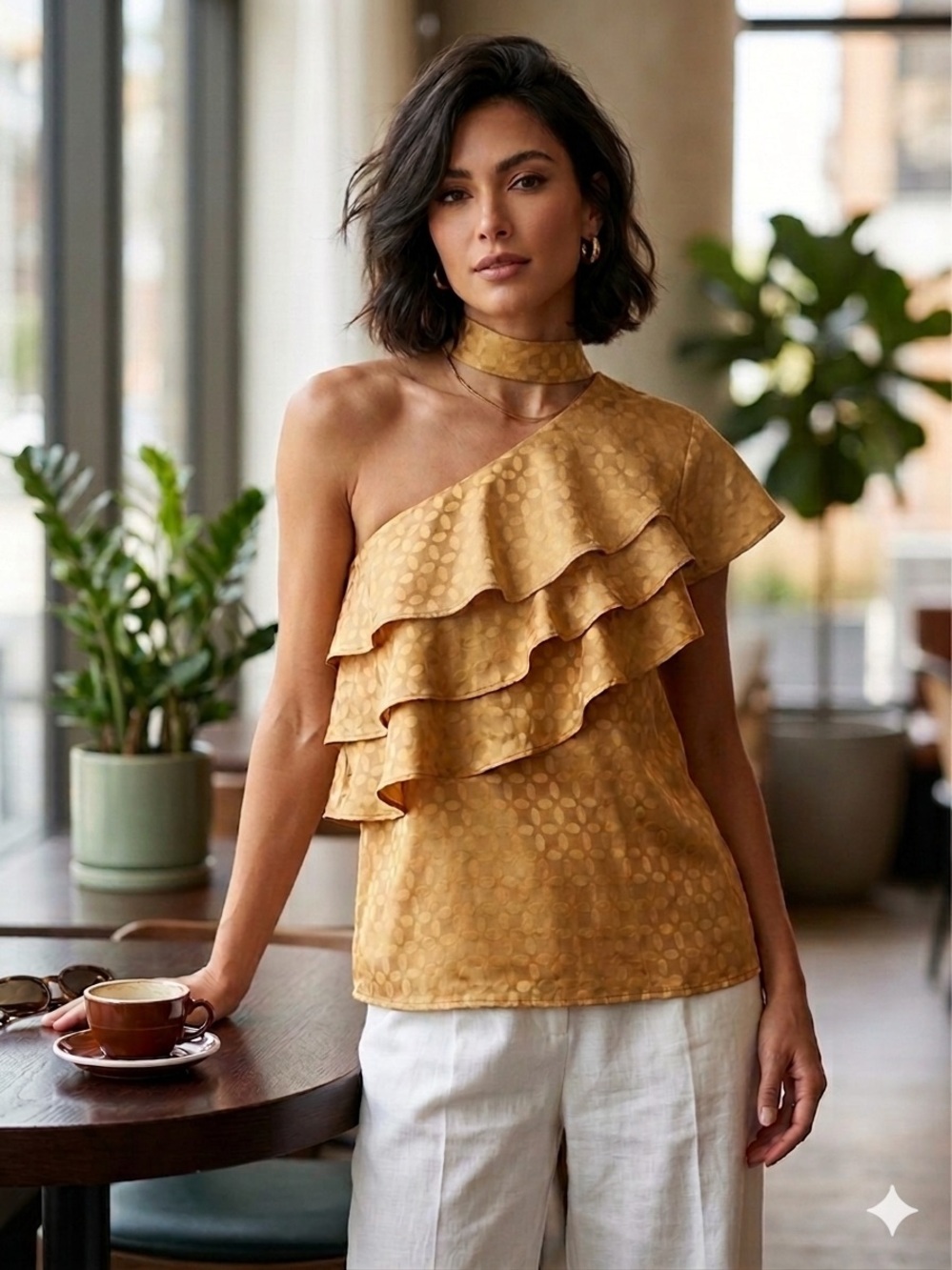 The Limited One-Shoulder Ruffle Camisole in Mustard With a neck strap
